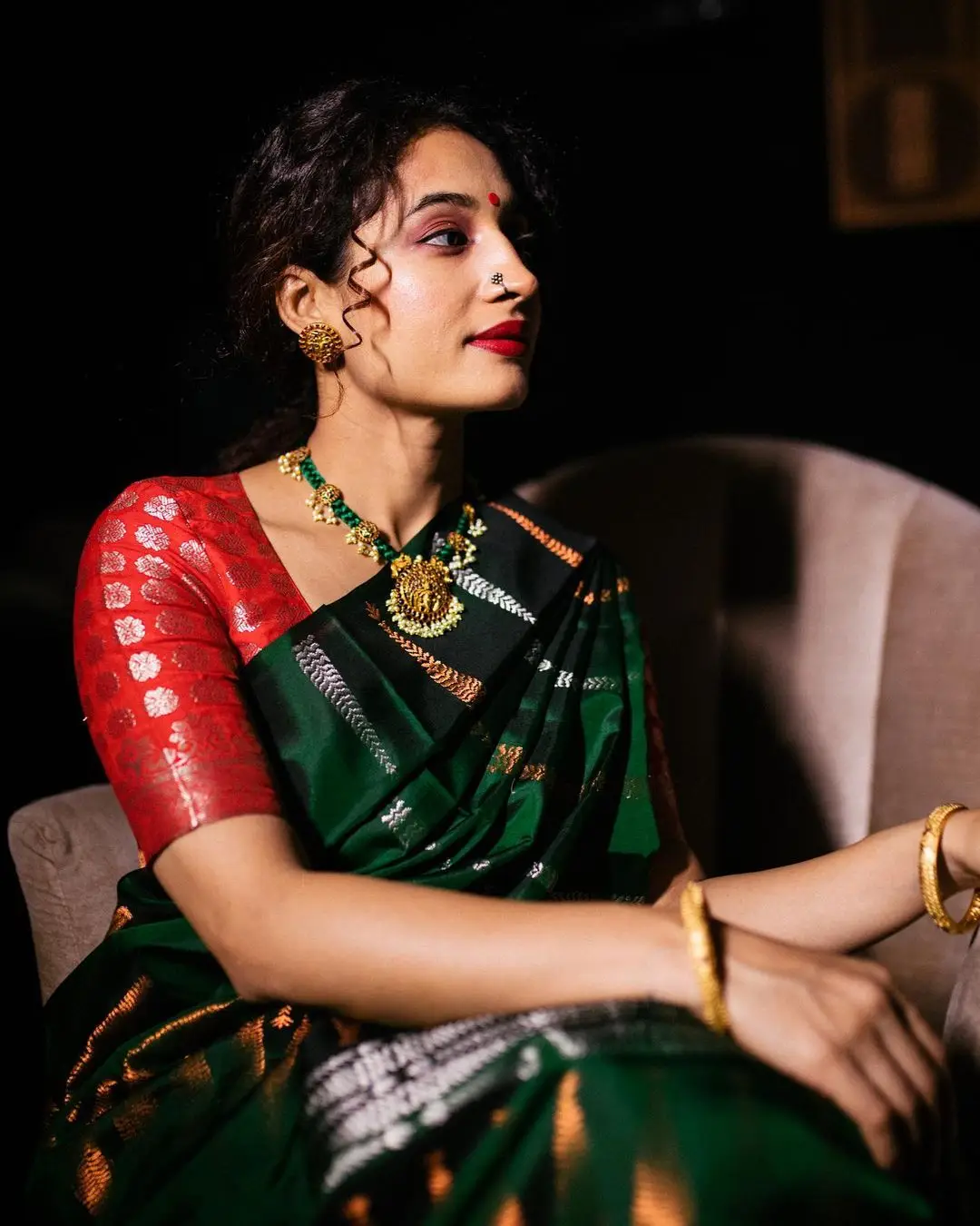 Pooja Ramachandran Stills in Green Saree Red Blouse